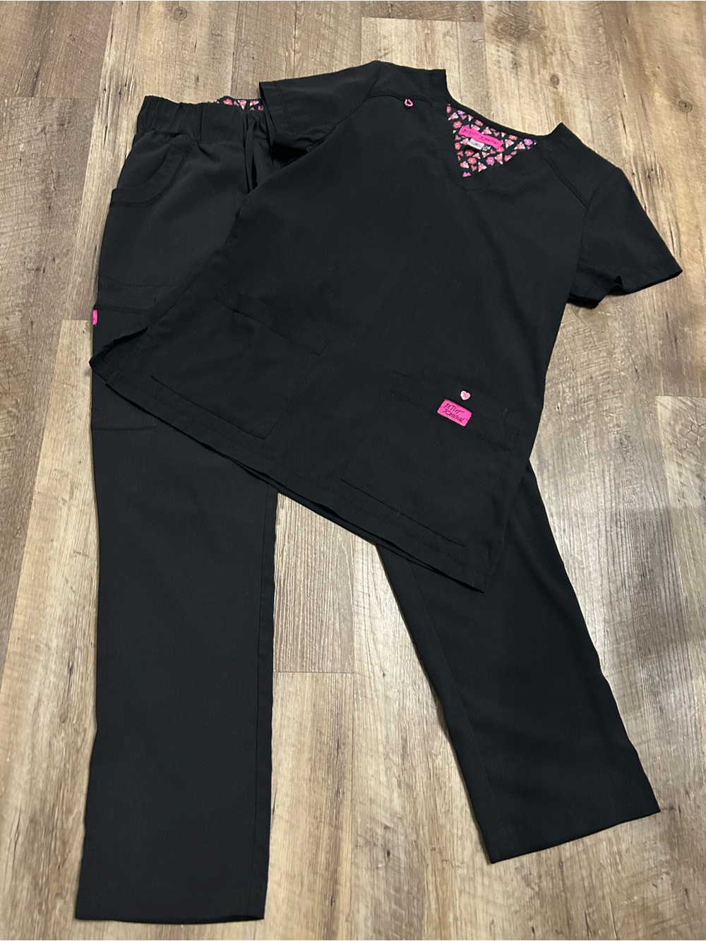 Betsey Johnson Black Scrub Set with Hot Pink Trim